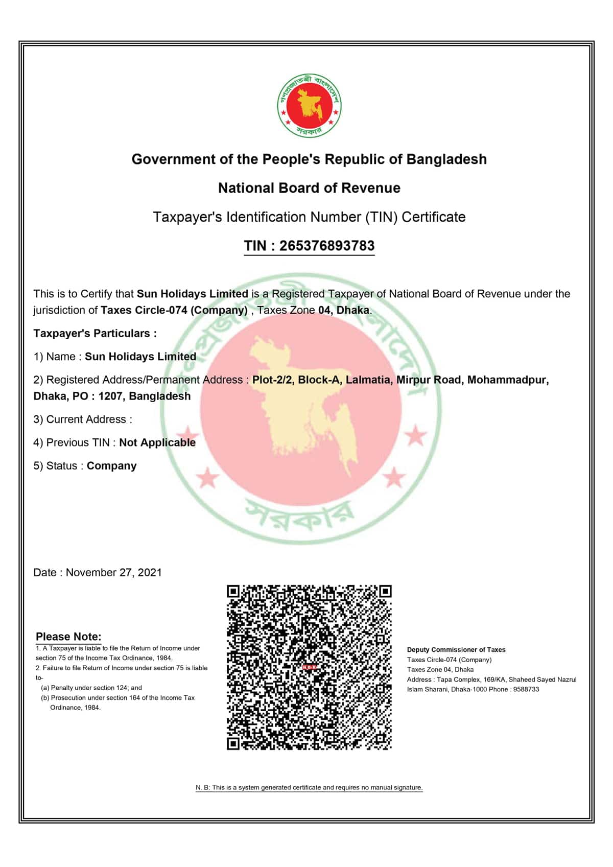 Taxpayer Identification Number (TIN) Certificate