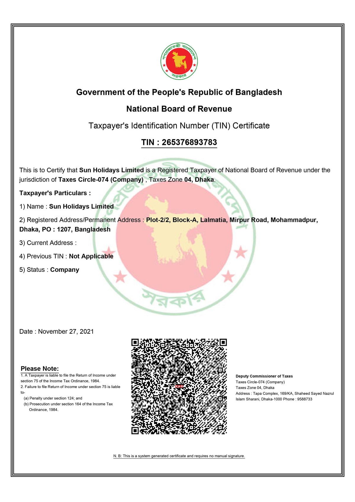 Taxpayer Identification Number (TIN) Certificate